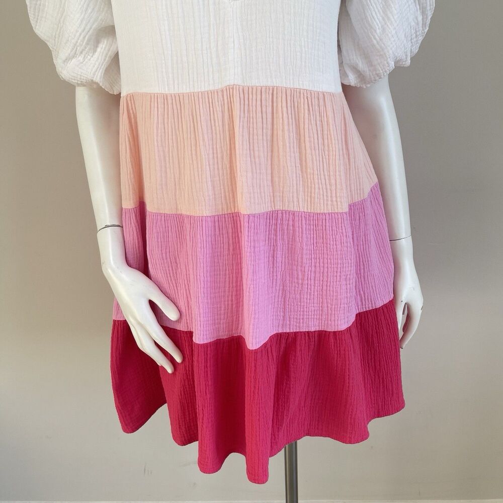 THML Women's Gauze Puff Sleeve Tiered Mini Dress M Resort Coastal Summer - Picture 3 of 14